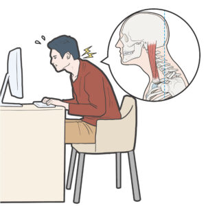 통증 거북목자세로 장시간 컴퓨터하는 남자