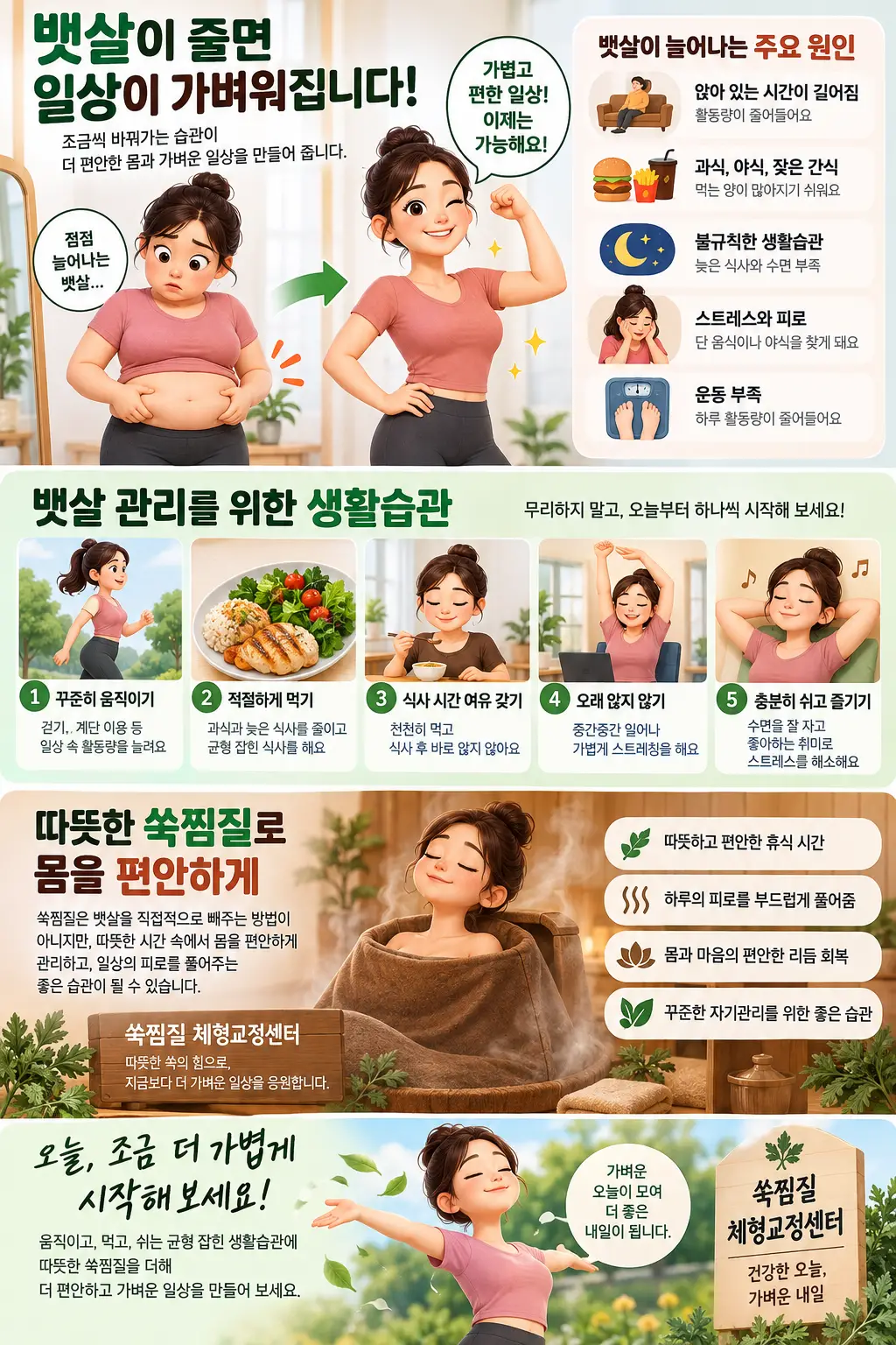 뱃살 관리 생활습관과 따뜻한 쑥찜질을 소개하는 쑥찜질 체형교정센터 인포그래픽