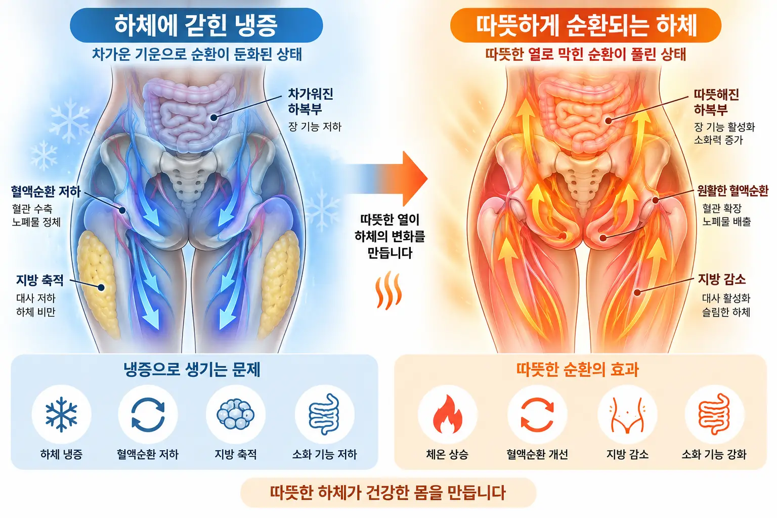하복부와 골반 냉증으로 인한 혈액순환 저하와 따뜻한 하체의 순환 변화를 보여주는 인포그래픽